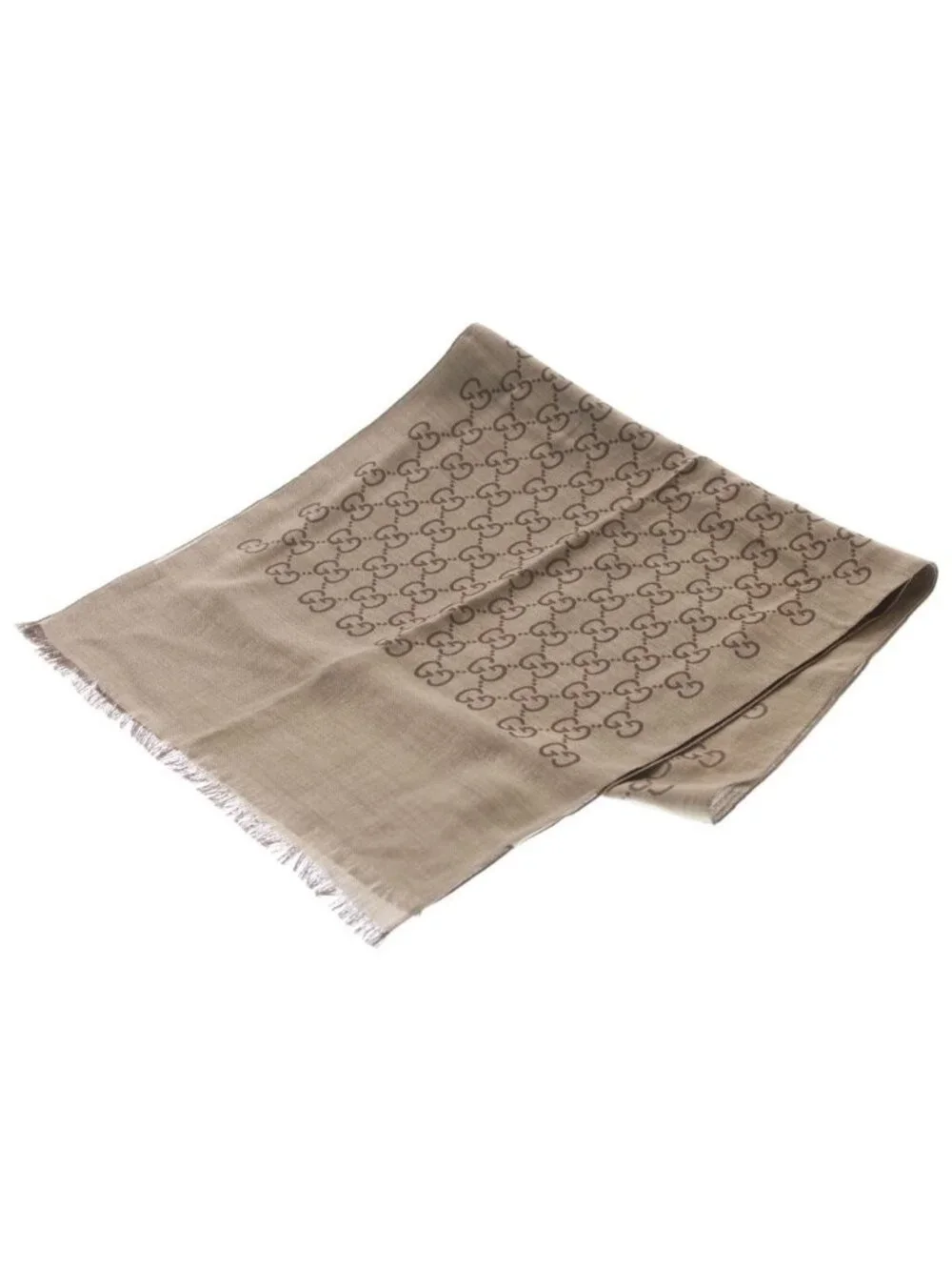 Gucci GG Logo Jacquard Silk Blend Wool Shawl Scarf Beige